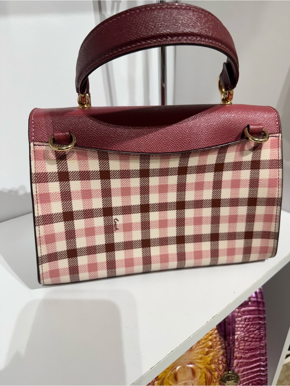 Coach Tilly Berry Pink Leather & Plaid Top-Handle Satchel - Picture 5 of 5